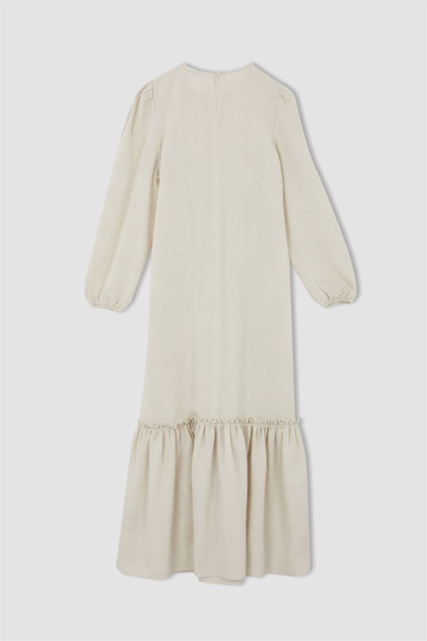 FEMME Beige Robe Longue En Dentelle De Lin Avec Une Coupe Classique Et Un Col Rond