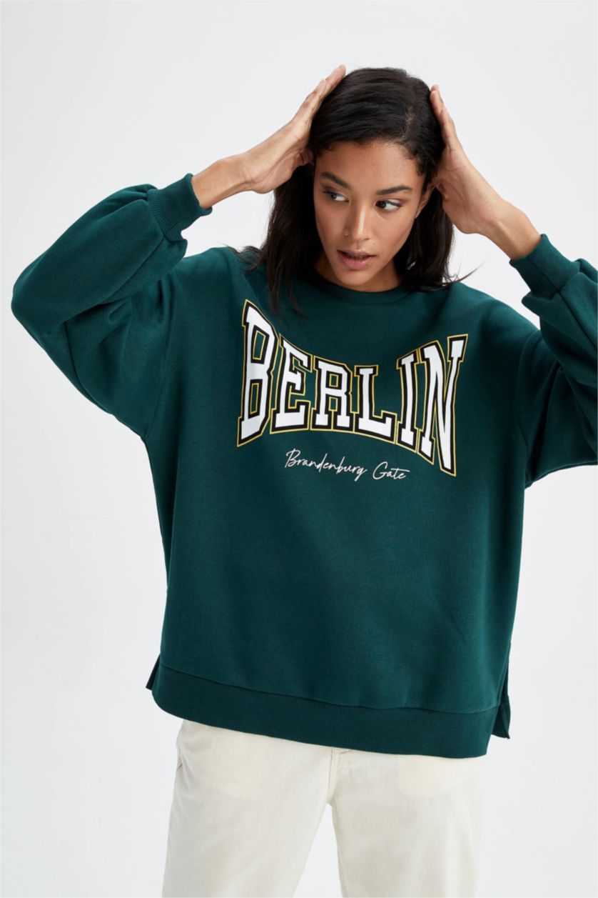 FEMME Vert Foncé Sweat- Shirt Coupe Oversize Col rond Manche Longue