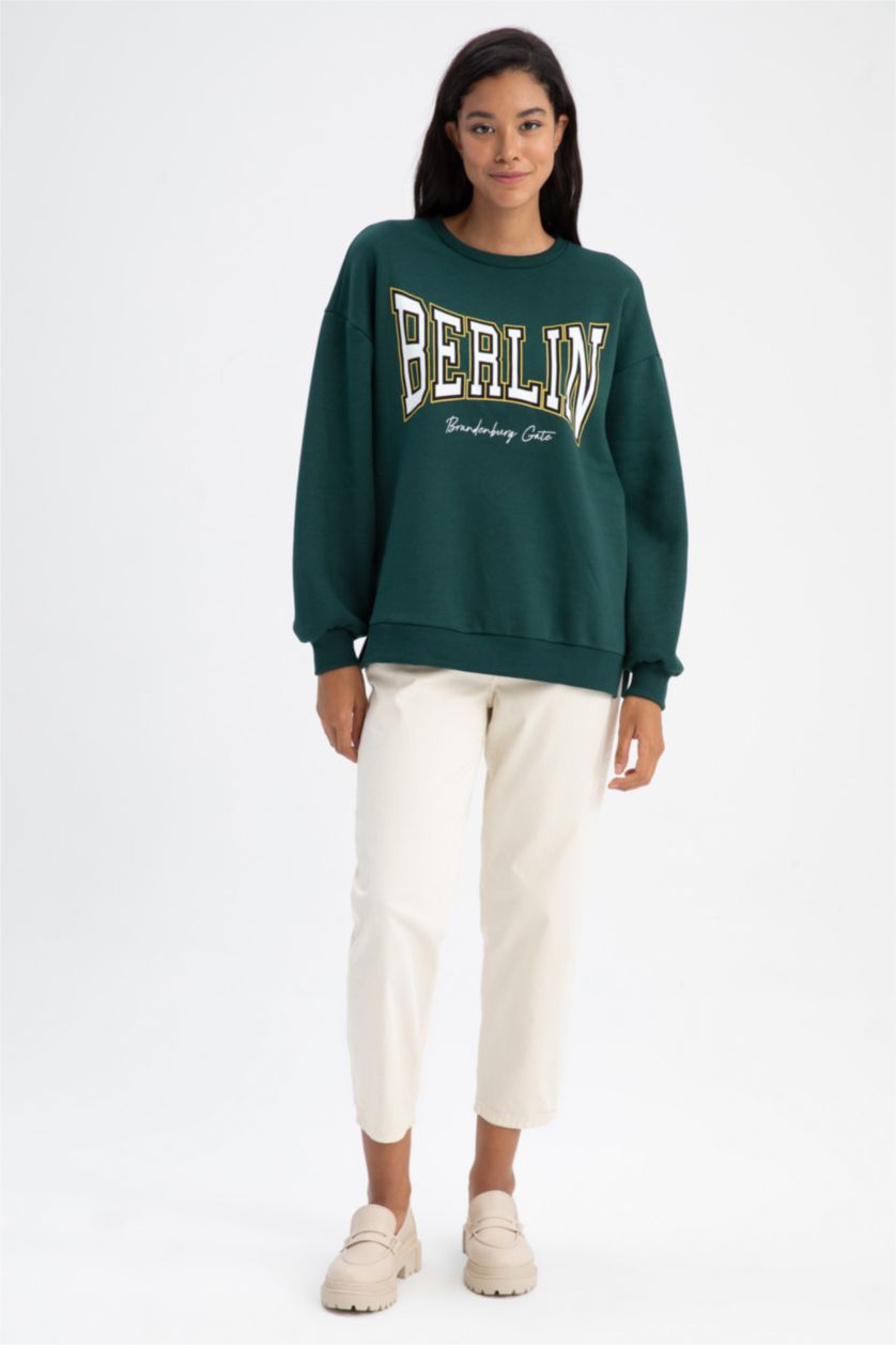 FEMME Vert Foncé Sweat- Shirt Coupe Oversize Col rond Manche Longue