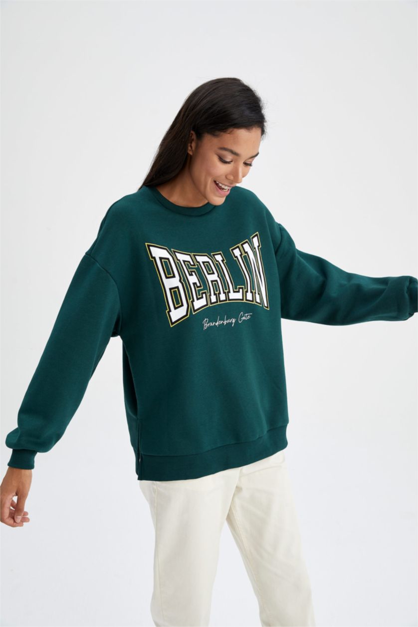 FEMME Vert Foncé Sweat- Shirt Coupe Oversize Col rond Manche Longue