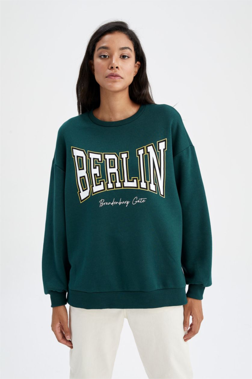 FEMME Vert Foncé Sweat- Shirt Coupe Oversize Col rond Manche Longue
