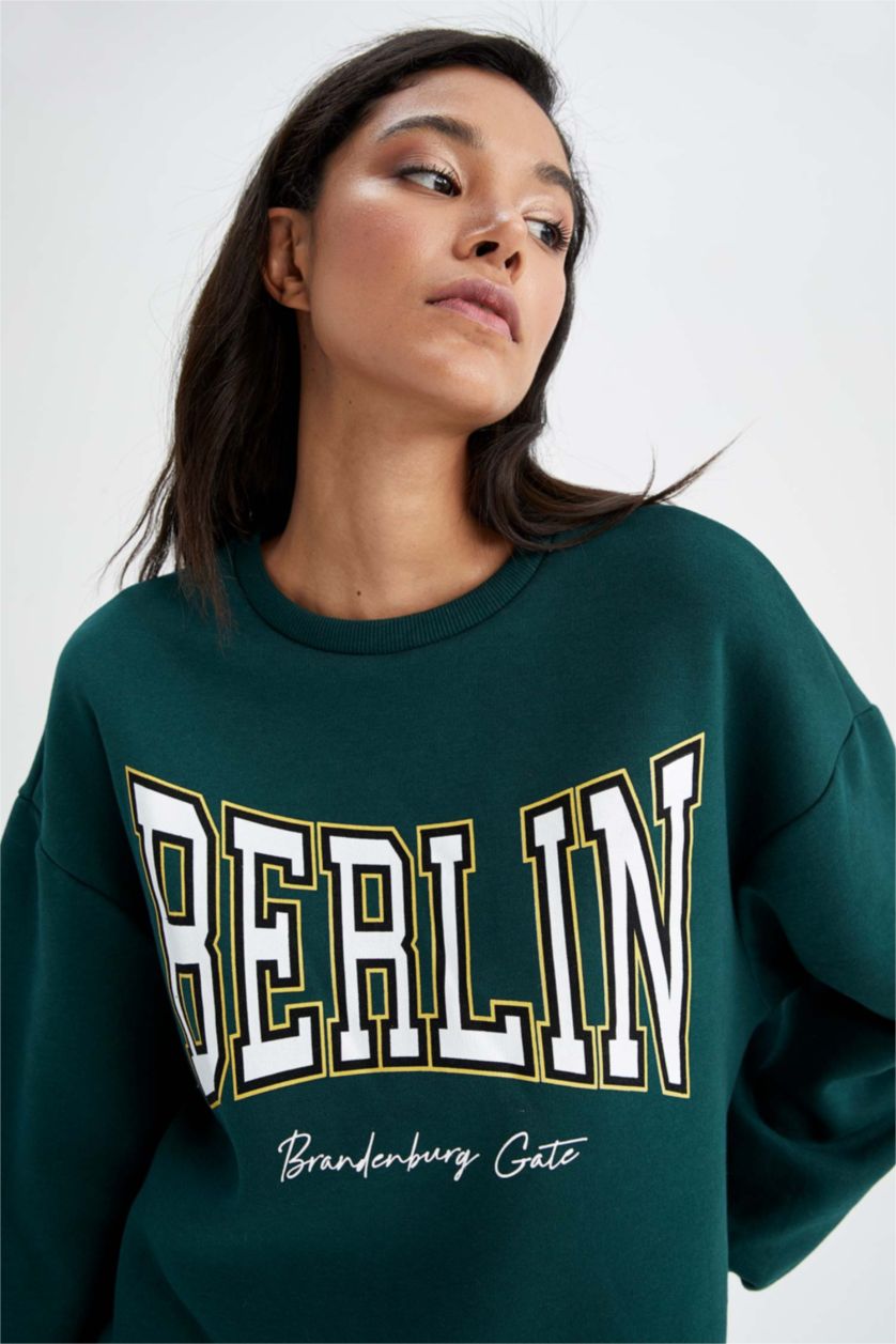 FEMME Vert Foncé Sweat- Shirt Coupe Oversize Col rond Manche Longue