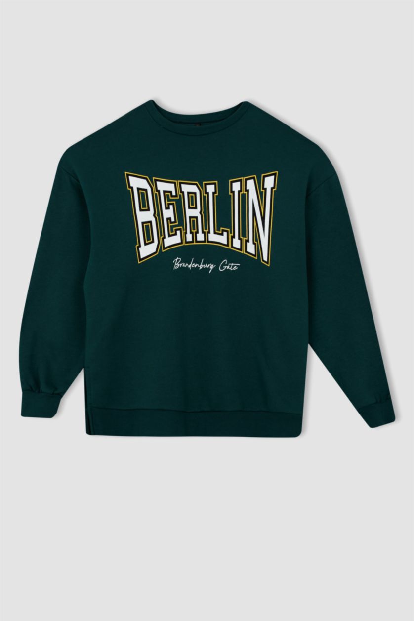 FEMME Vert Foncé Sweat- Shirt Coupe Oversize Col rond Manche Longue