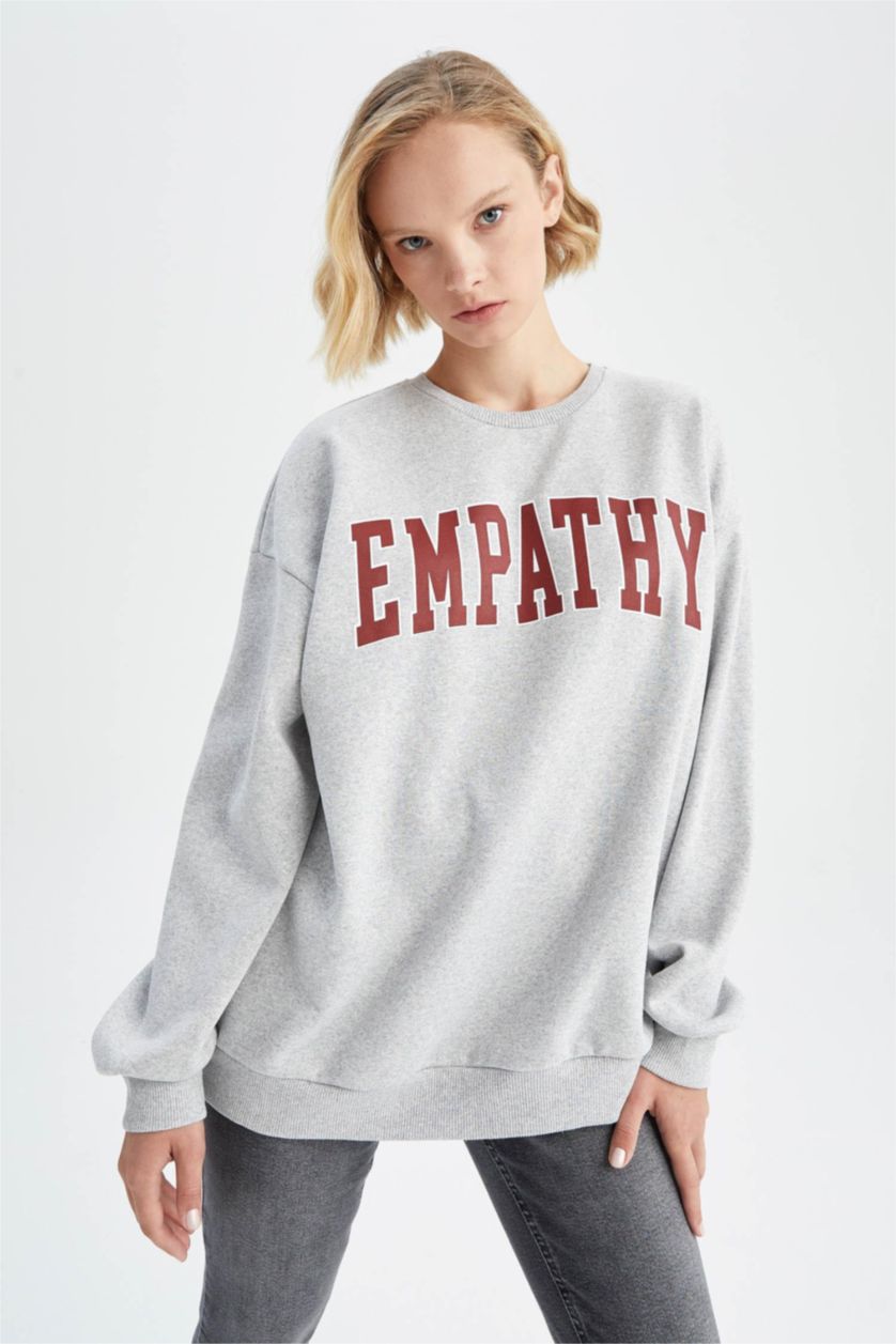 FEMME Gris Sweat- Shirt Coupe Oversize Col rond Manche Longue