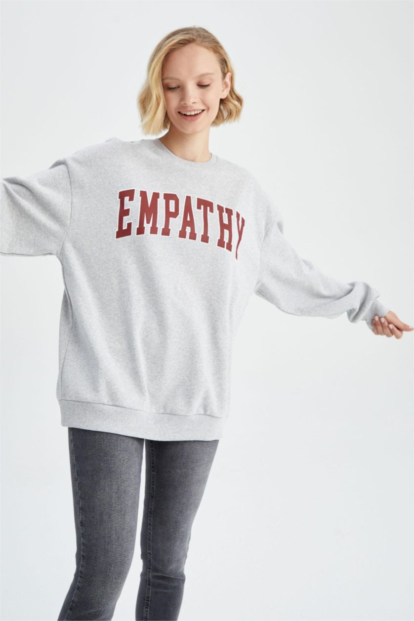 FEMME Gris Sweat- Shirt Coupe Oversize Col rond Manche Longue