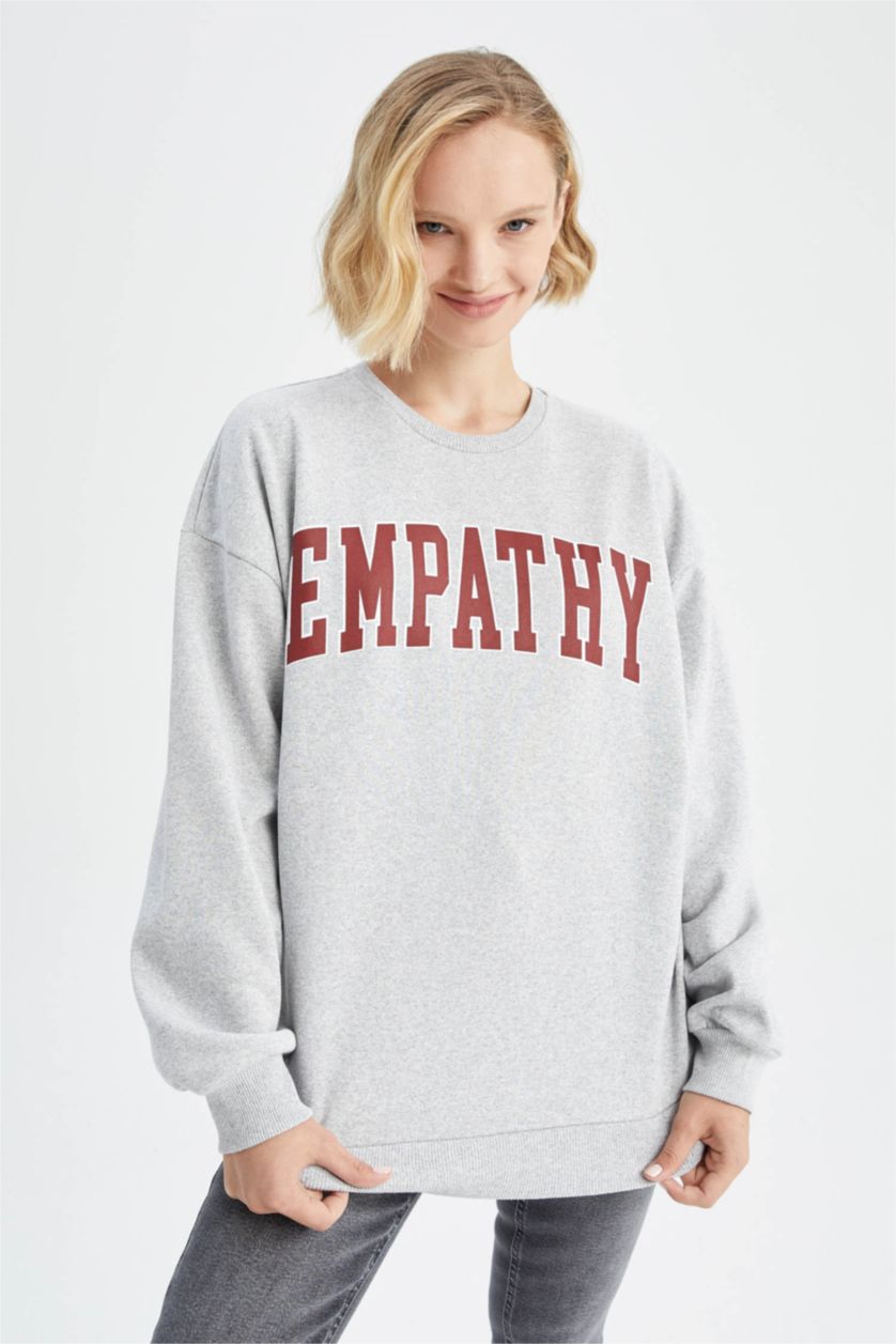 FEMME Gris Sweat- Shirt Coupe Oversize Col rond Manche Longue