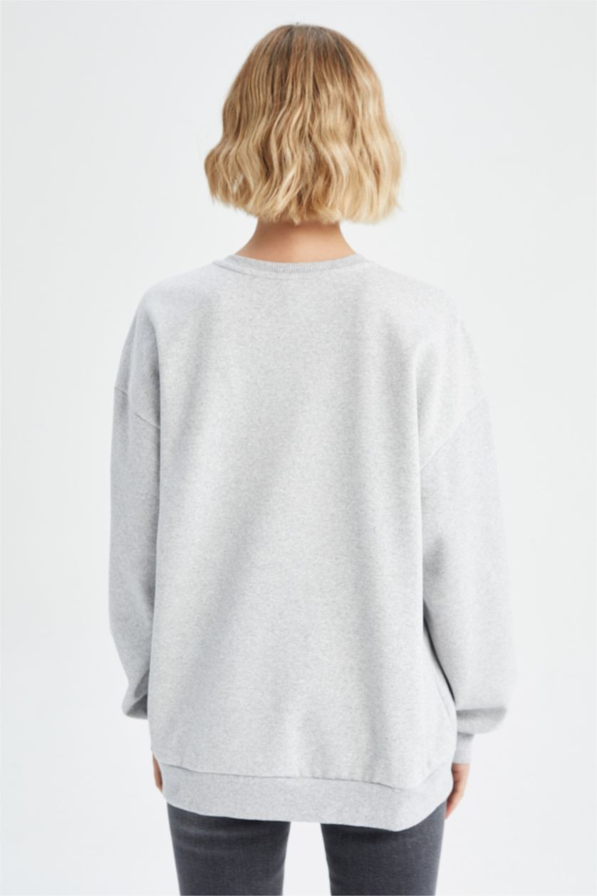 FEMME Gris Sweat- Shirt Coupe Oversize Col rond Manche Longue