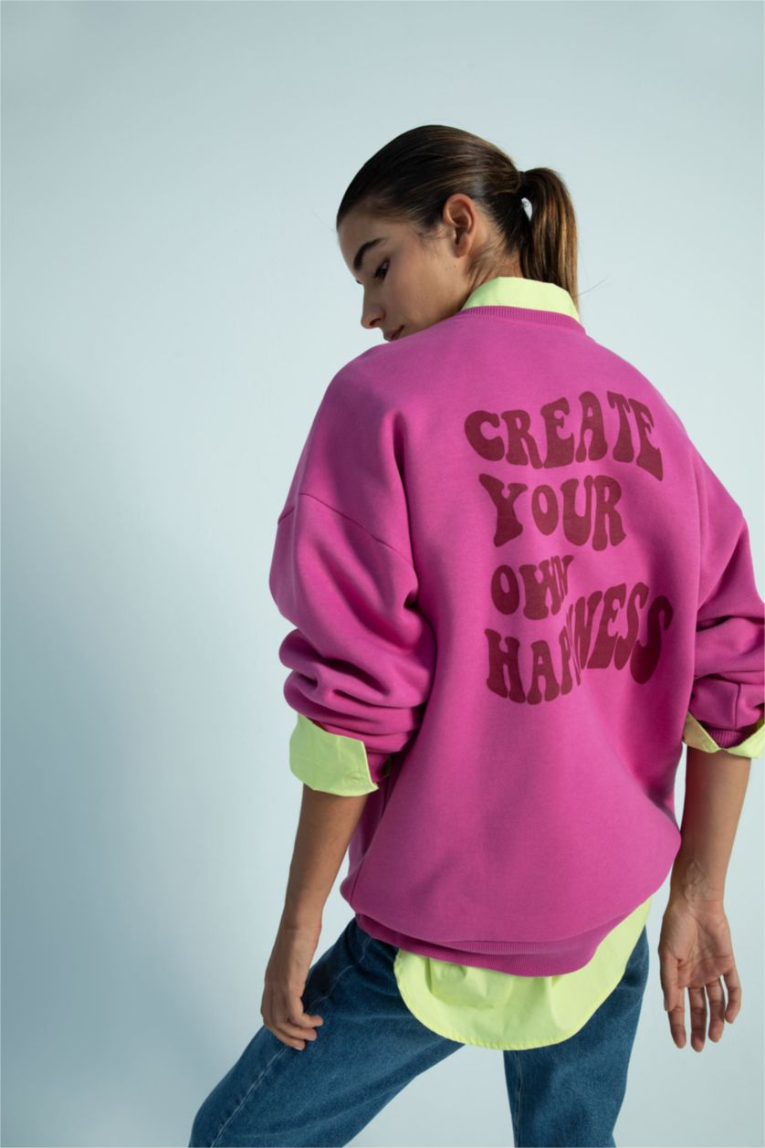 FEMME Rose Sweat- Shirt Coupe Oversize Col rond Slogan Manche Longue