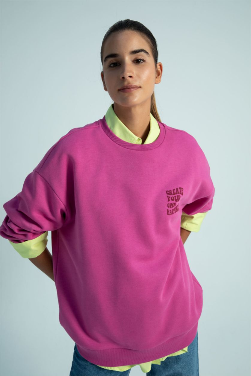 FEMME Rose Sweat- Shirt Coupe Oversize Col rond Slogan Manche Longue