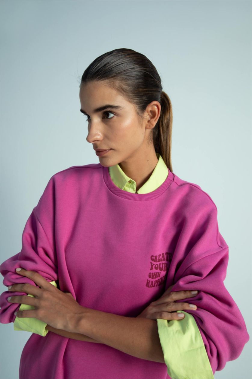 FEMME Rose Sweat- Shirt Coupe Oversize Col rond Slogan Manche Longue