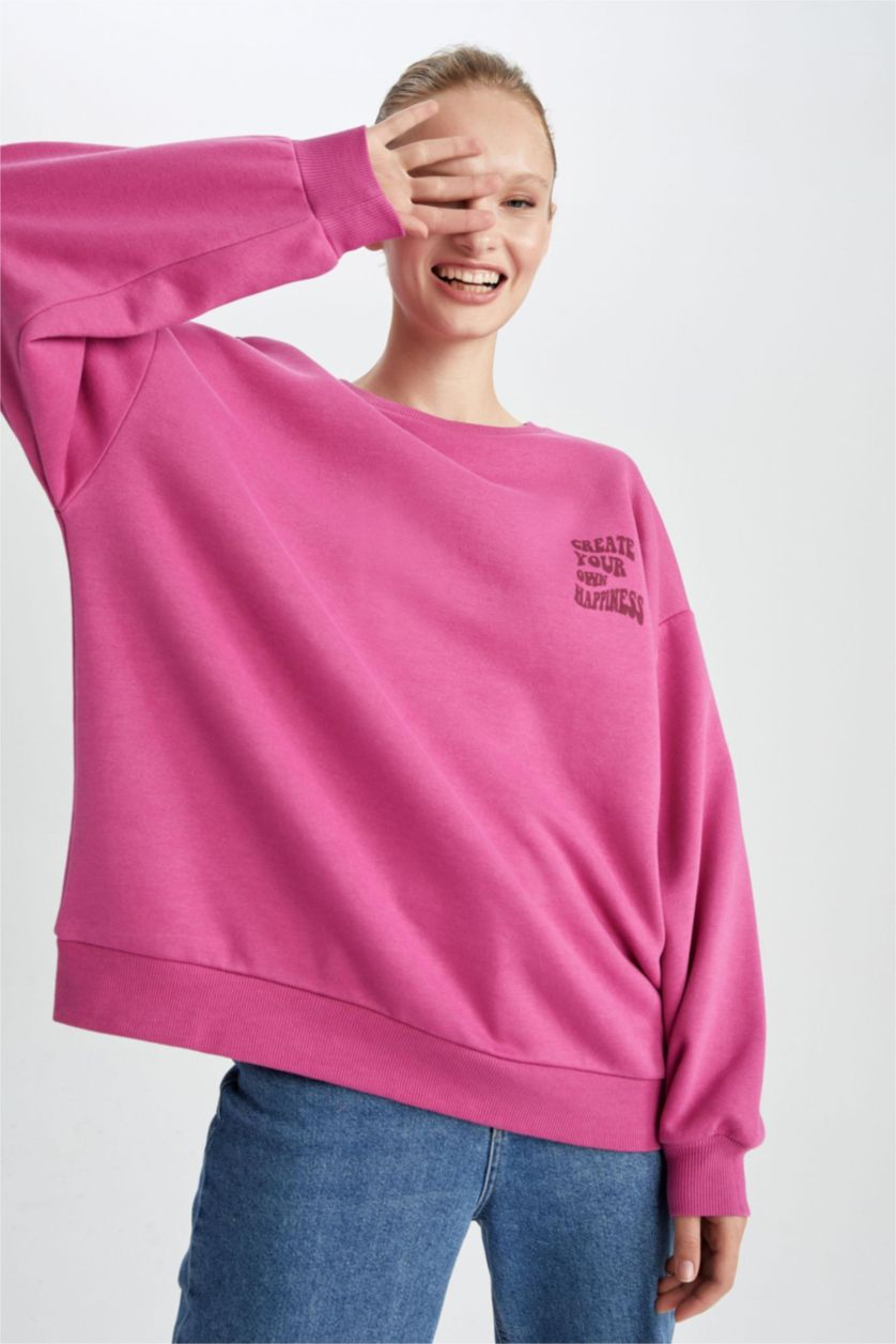 FEMME Rose Sweat- Shirt Coupe Oversize Col rond Slogan Manche Longue