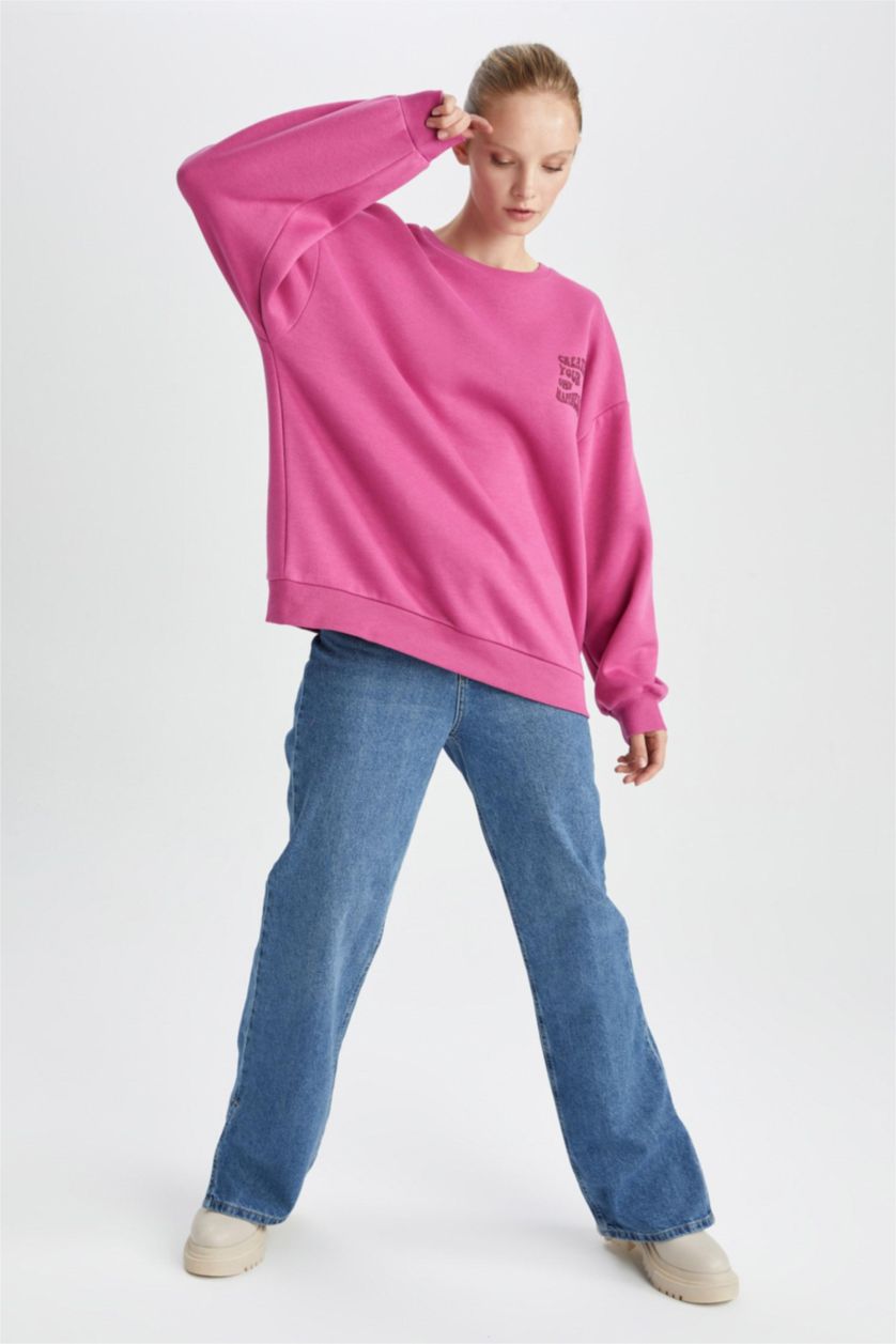 FEMME Rose Sweat- Shirt Coupe Oversize Col rond Slogan Manche Longue