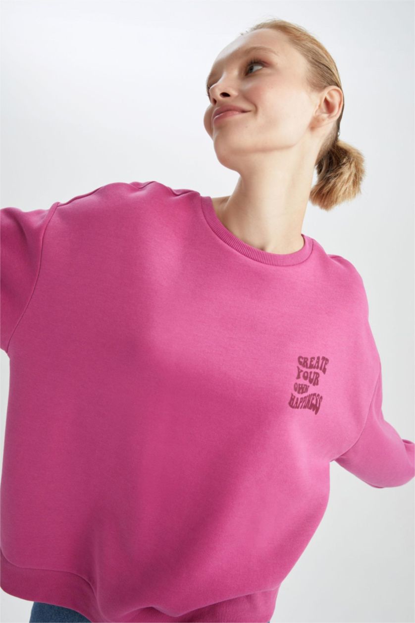 FEMME Rose Sweat- Shirt Coupe Oversize Col rond Slogan Manche Longue