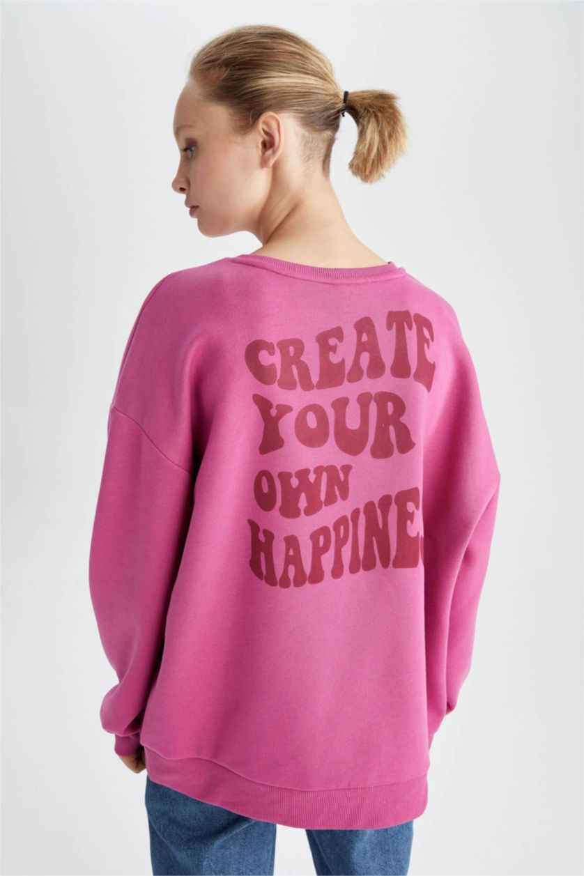 FEMME Rose Sweat- Shirt Coupe Oversize Col rond Slogan Manche Longue