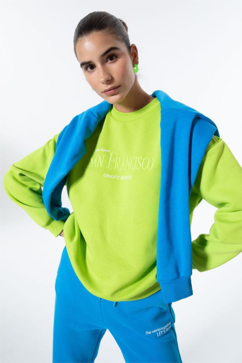 WOMAN Green Regular Fit Thick Sweatshirt Fabric Sweatshirt