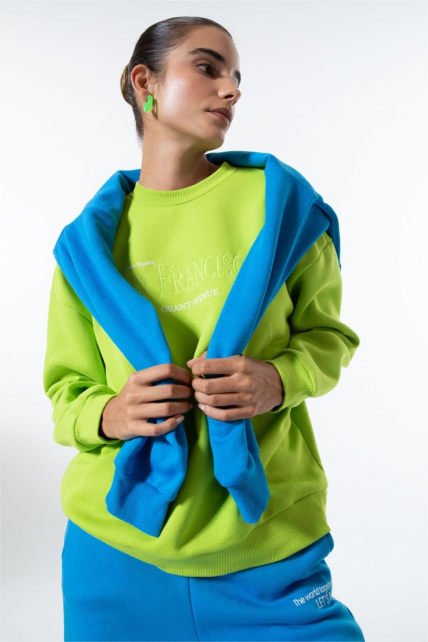 WOMAN Green Regular Fit Thick Sweatshirt Fabric Sweatshirt