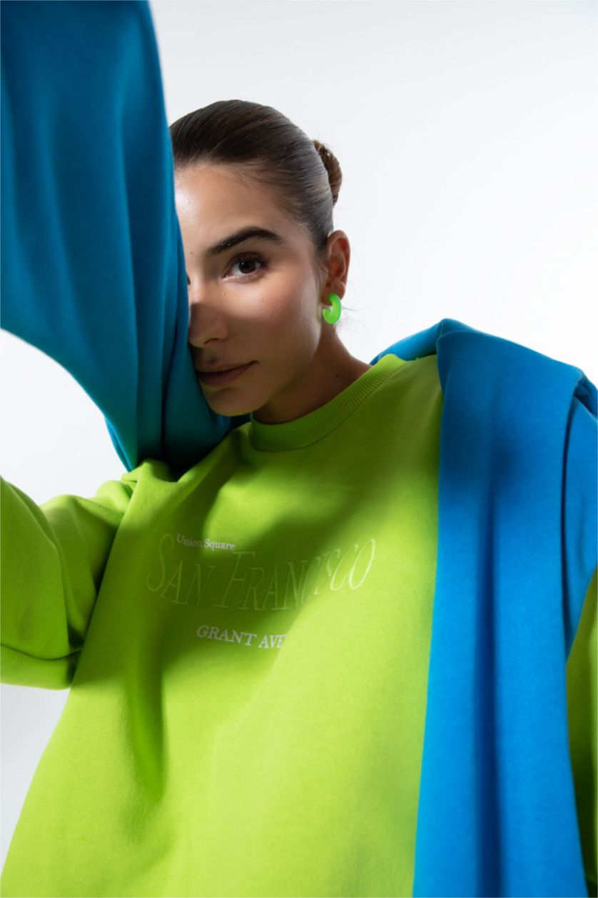 WOMAN Green Regular Fit Thick Sweatshirt Fabric Sweatshirt