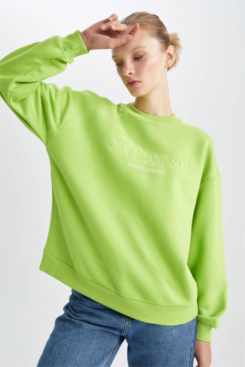 WOMAN Green Regular Fit Thick Sweatshirt Fabric Sweatshirt
