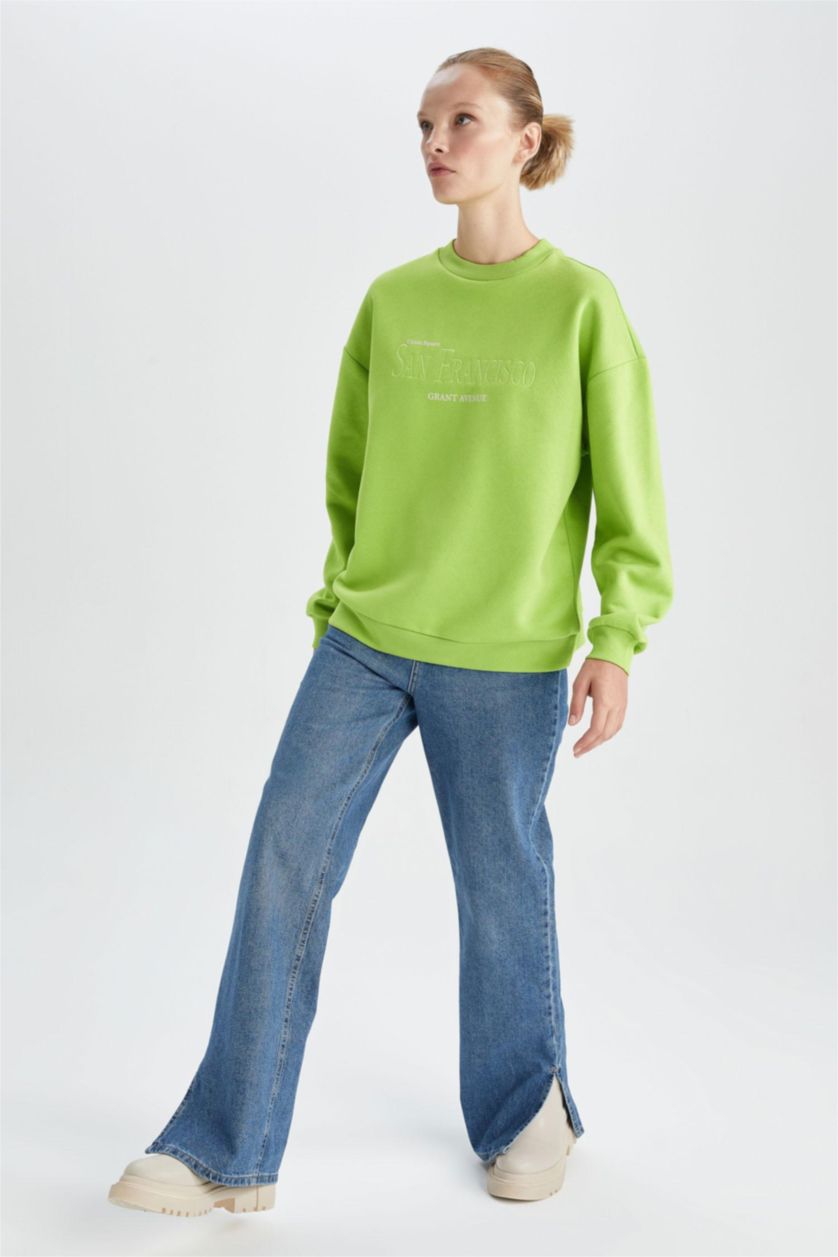WOMAN Green Regular Fit Thick Sweatshirt Fabric Sweatshirt