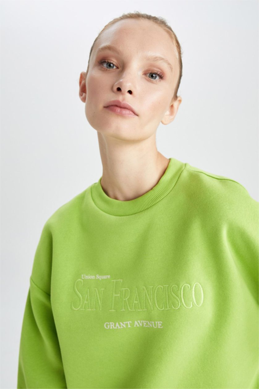 WOMAN Green Regular Fit Thick Sweatshirt Fabric Sweatshirt