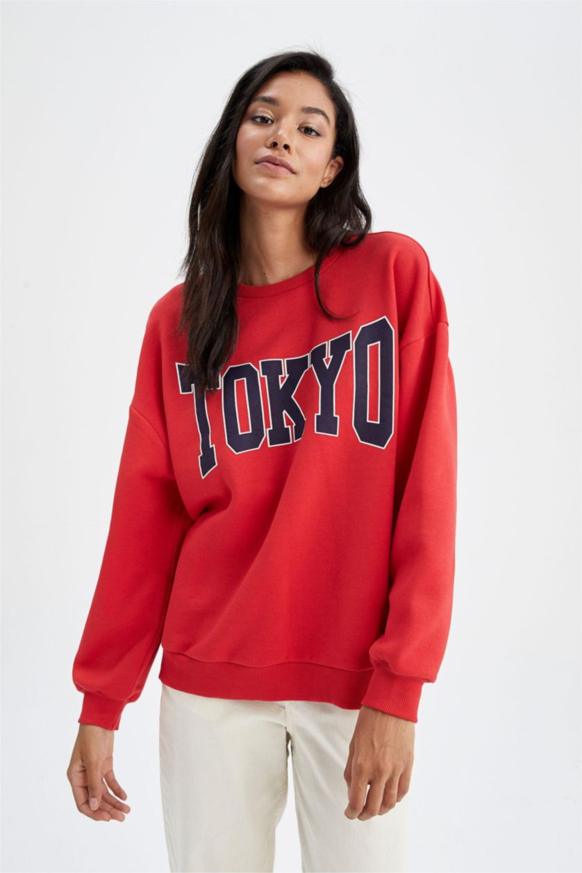 Kadın Kırmızı Oversize Fit Bisiklet Yaka Baskılı Sweatshirt