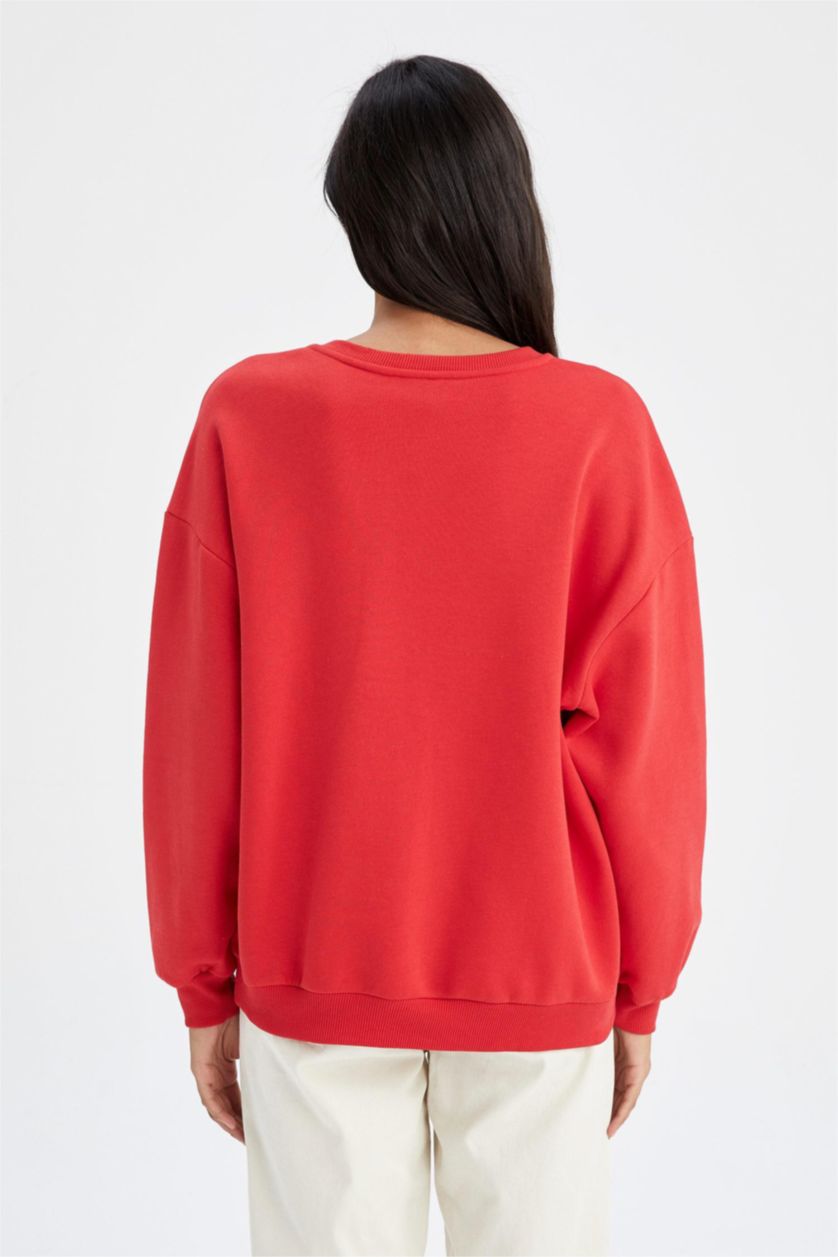 Kadın Kırmızı Oversize Fit Bisiklet Yaka Baskılı Sweatshirt