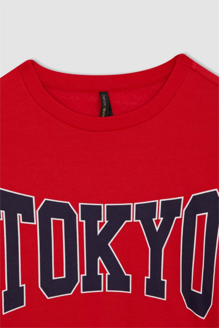 Kadın Kırmızı Oversize Fit Bisiklet Yaka Baskılı Sweatshirt