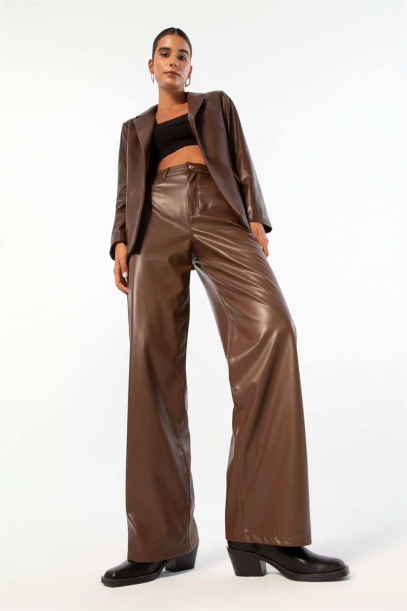 WOMAN Light Brown Normal Waist Wide Leg Trousers