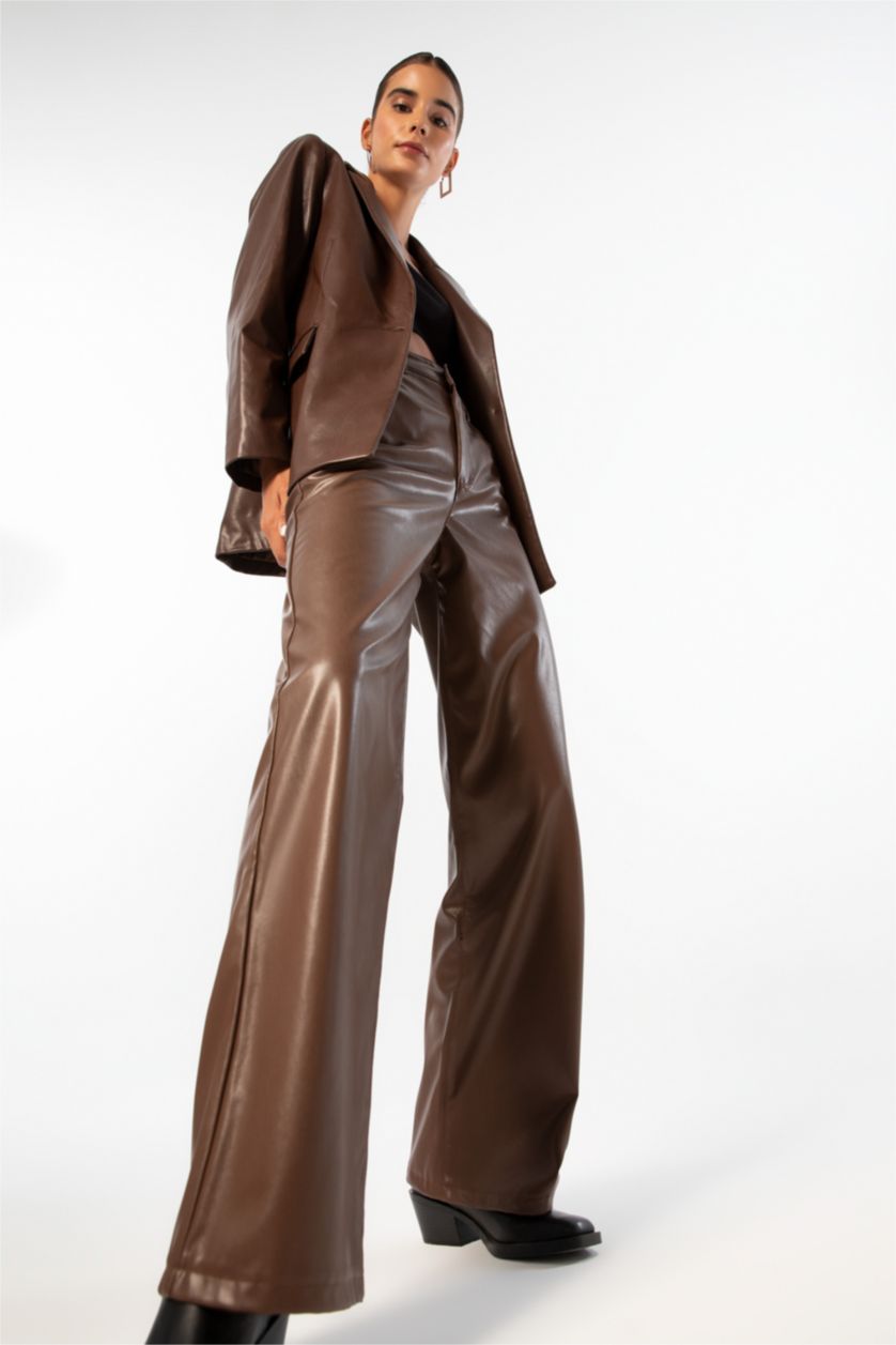 WOMAN Light Brown Normal Waist Wide Leg Trousers