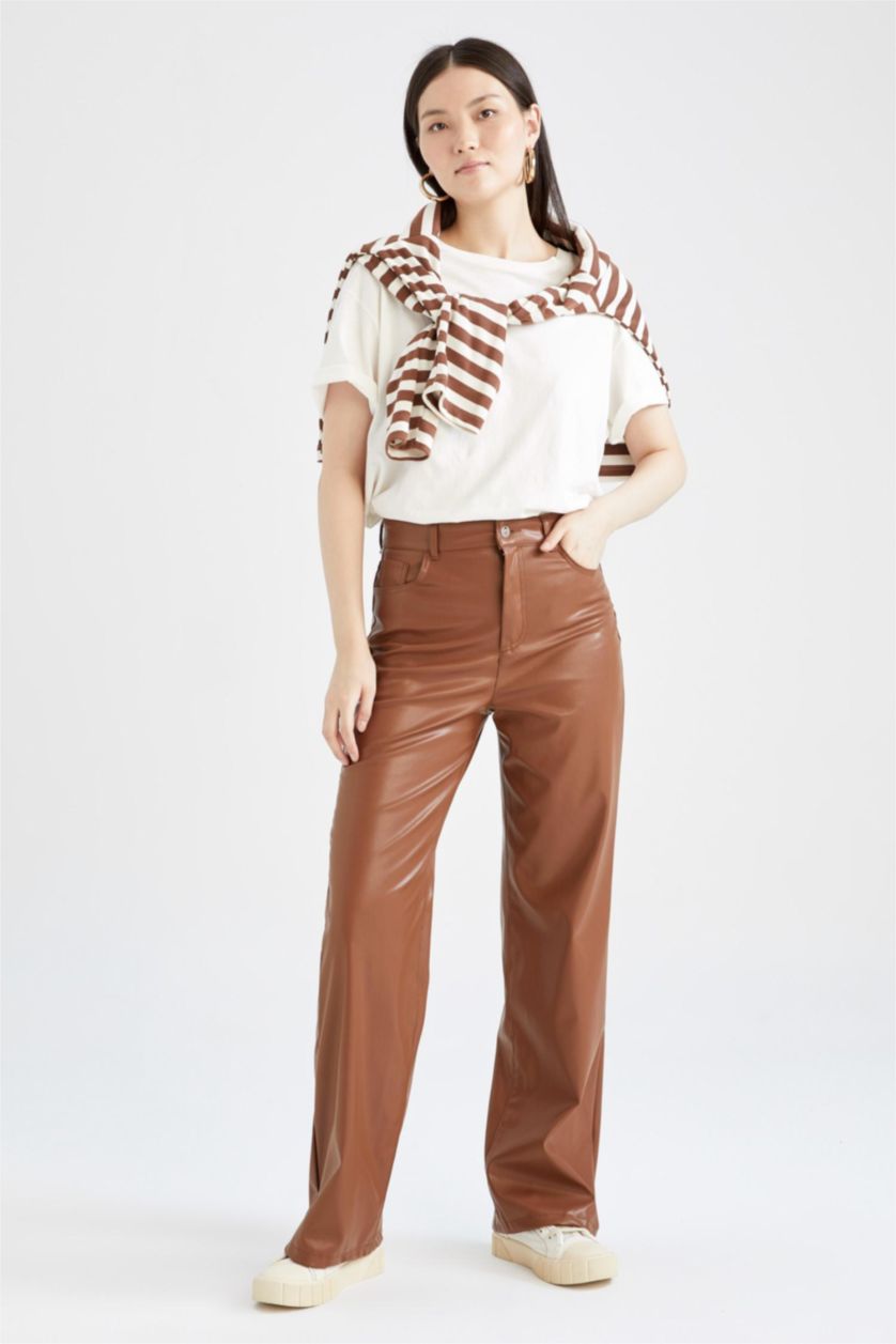 WOMAN Light Brown Normal Waist Wide Leg Trousers