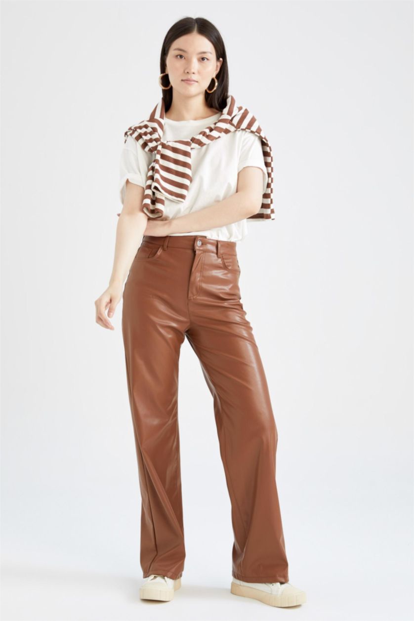 WOMAN Light Brown Normal Waist Wide Leg Trousers