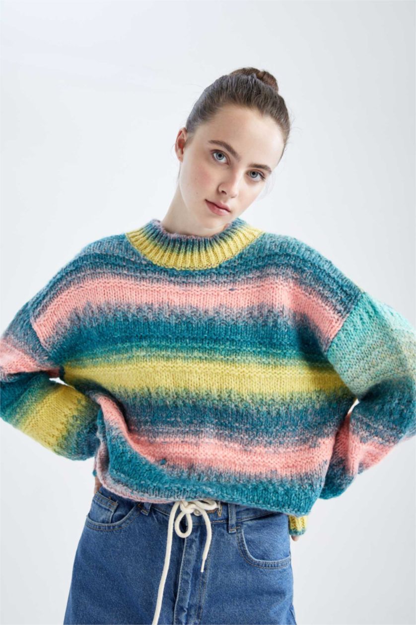 Kadın Mavi Oversıze Yarım Balıkçı Yaka Kazak