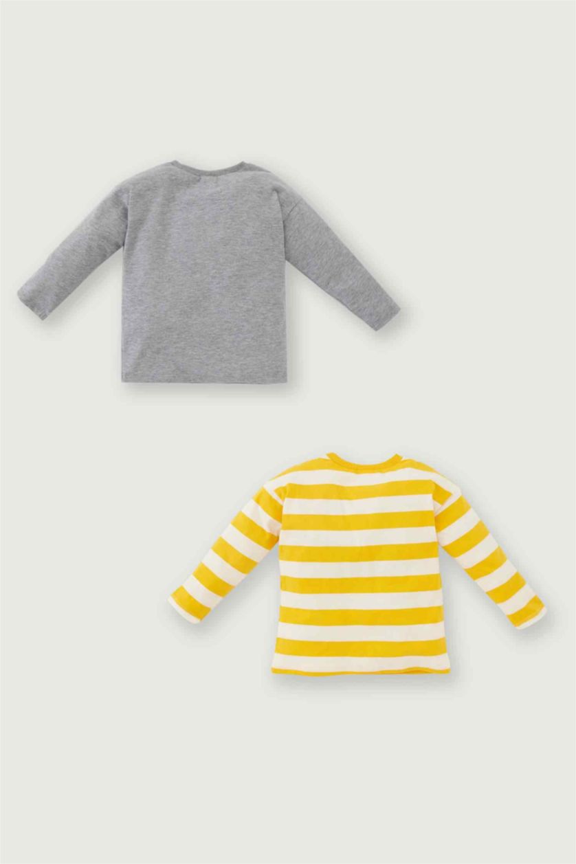 BABY BOY Light Grey Melange 2 piece Regular Fit Striped Long Sleeve T-Shirt