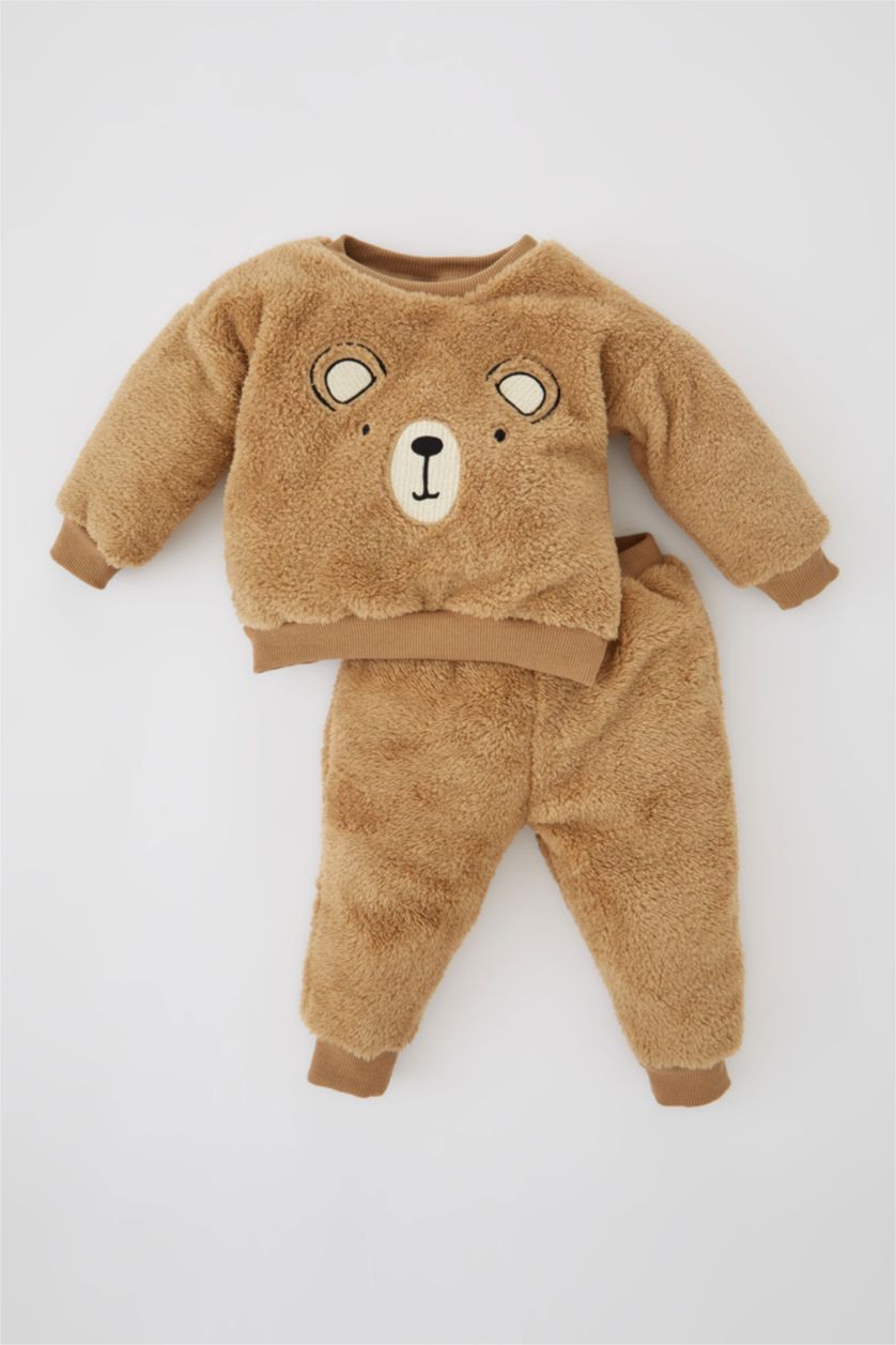 Erkek Bebek Bej Erkek Bebek Desenli Uzun Kollu Pelüş 2'li Takım