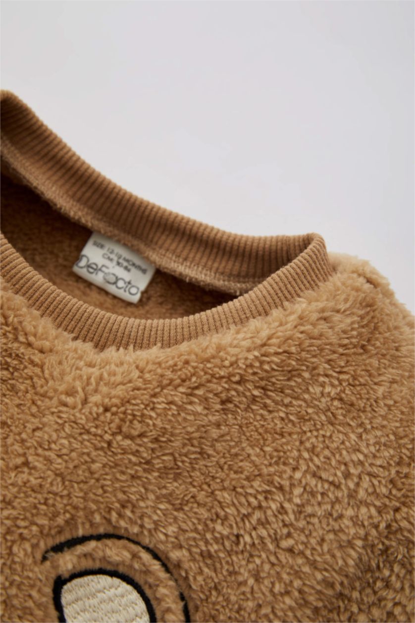 Erkek Bebek Bej Erkek Bebek Desenli Uzun Kollu Pelüş 2'li Takım