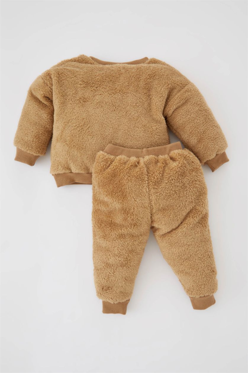 Erkek Bebek Bej Erkek Bebek Desenli Uzun Kollu Pelüş 2'li Takım