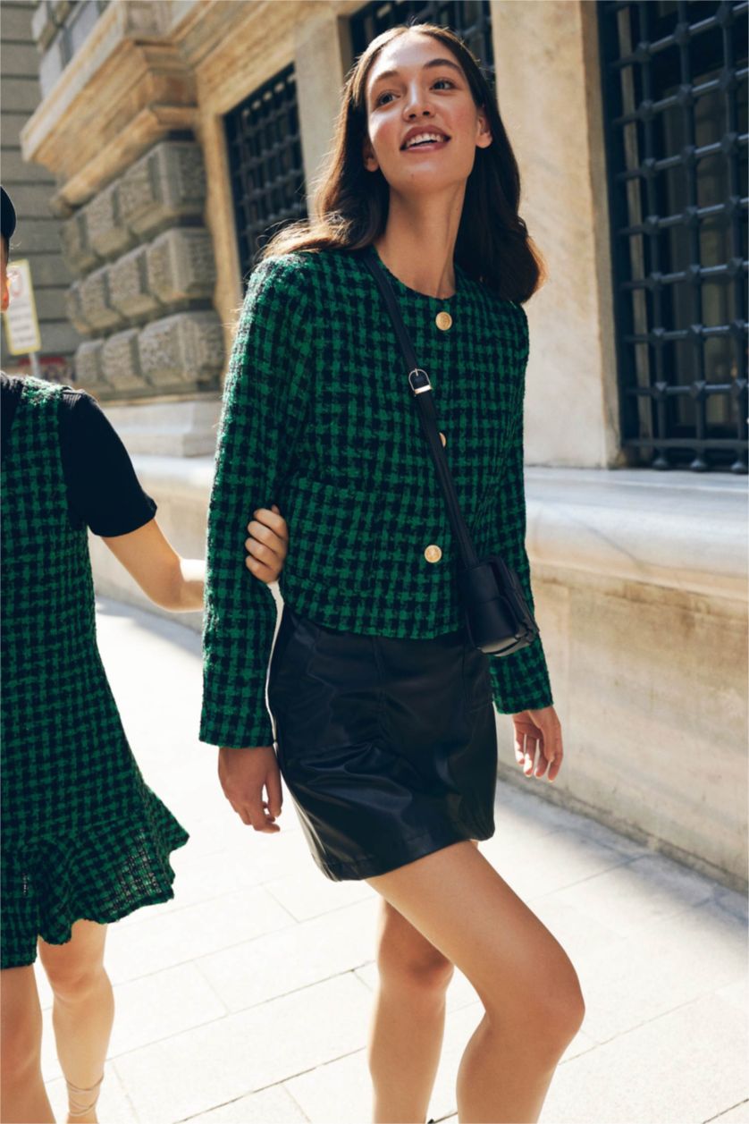 FEMME Vert Blazer Coupe raccourcie Manche Longue Col rond Button