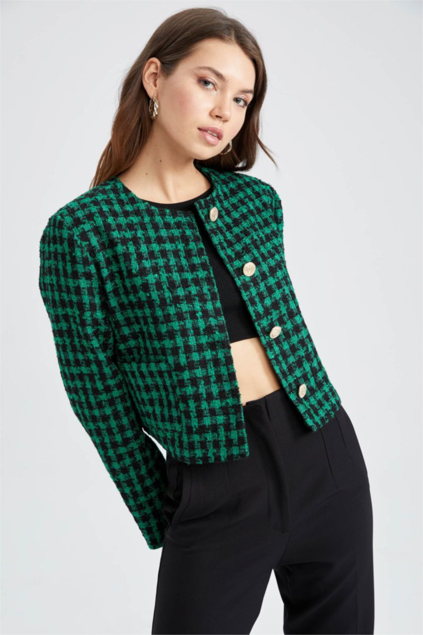 FEMME Vert Blazer Coupe raccourcie Manche Longue Col rond Button