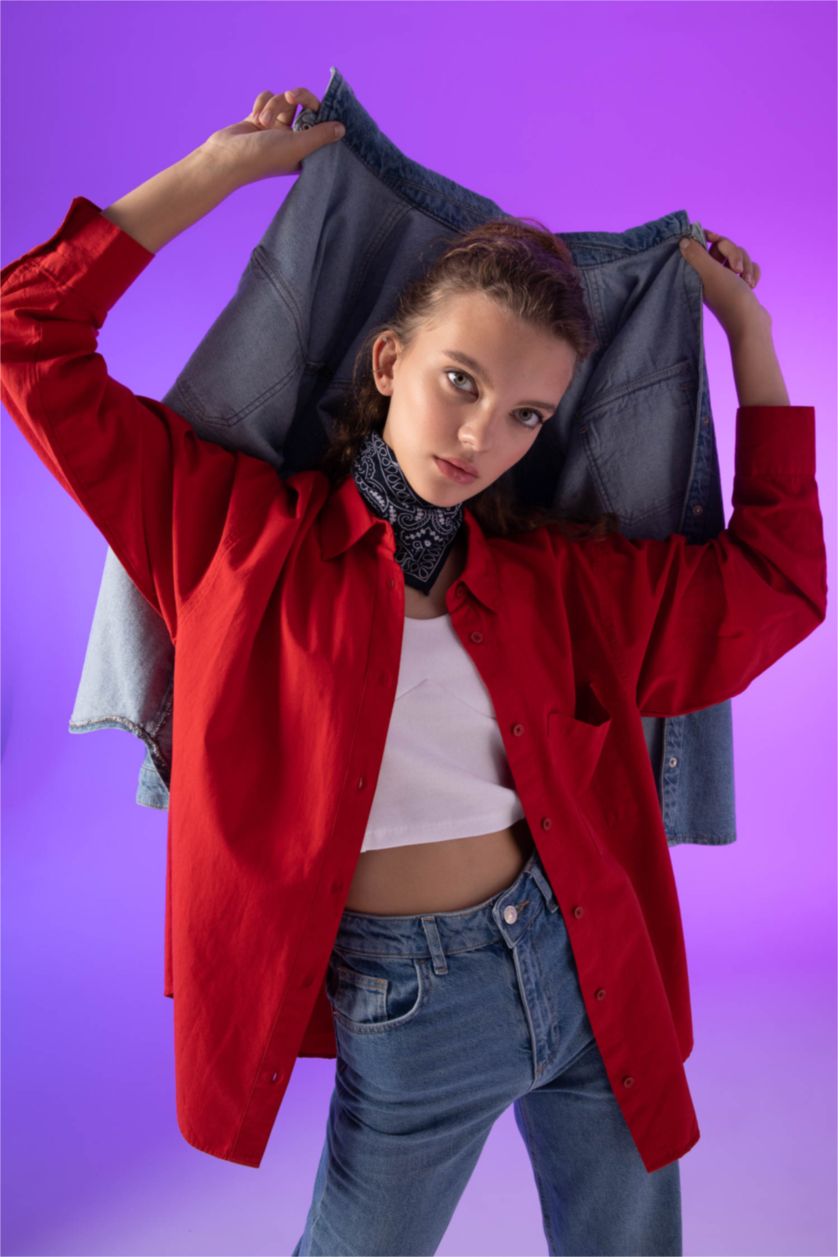 FEMME Rouge Chemises à manches longues Popeline Col De Chemise Une poche