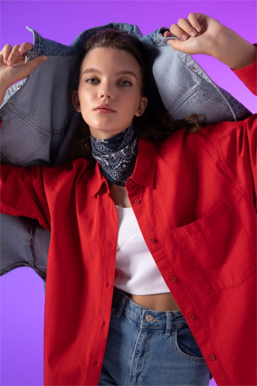 FEMME Rouge Chemises à manches longues Popeline Col De Chemise Une poche