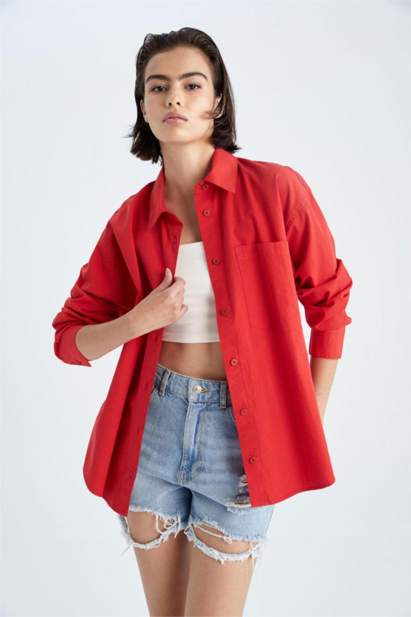 FEMME Rouge Chemises à manches longues Popeline Col De Chemise Une poche