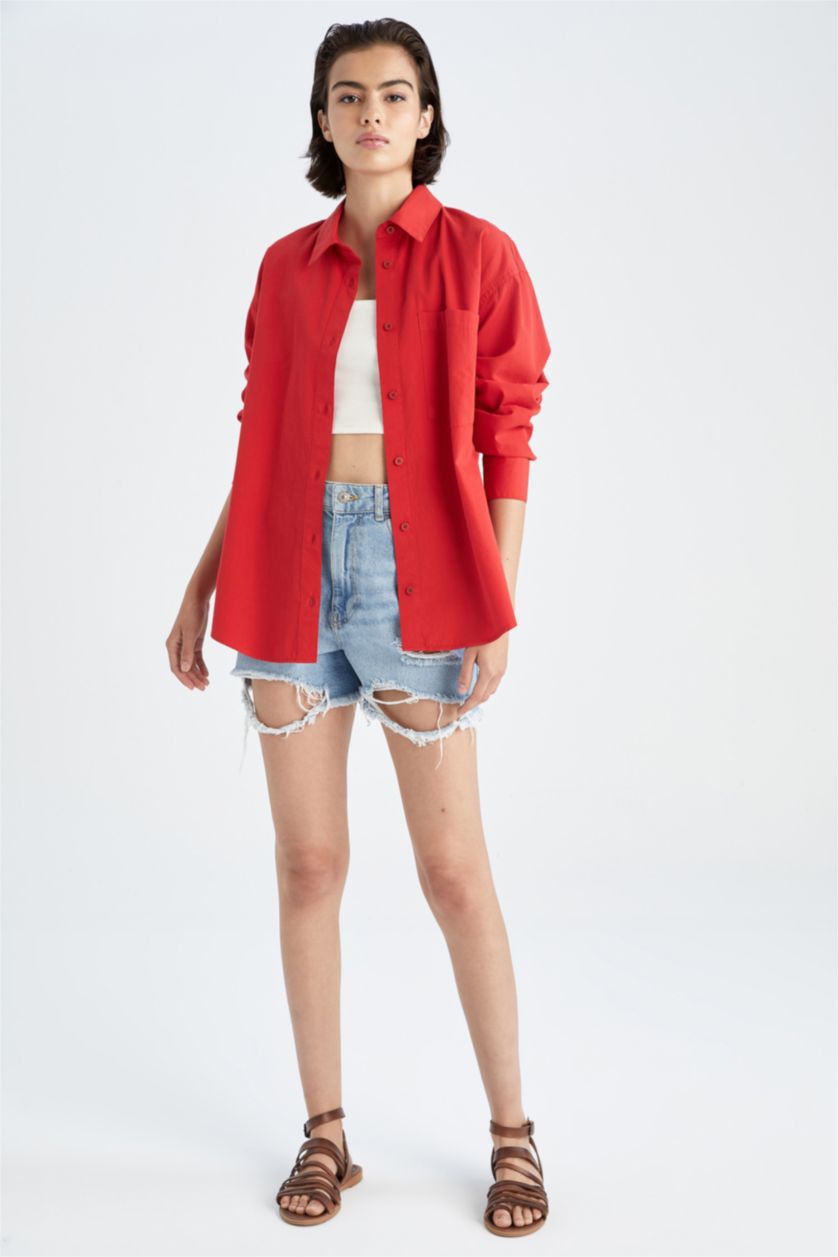 FEMME Rouge Chemises à manches longues Popeline Col De Chemise Une poche