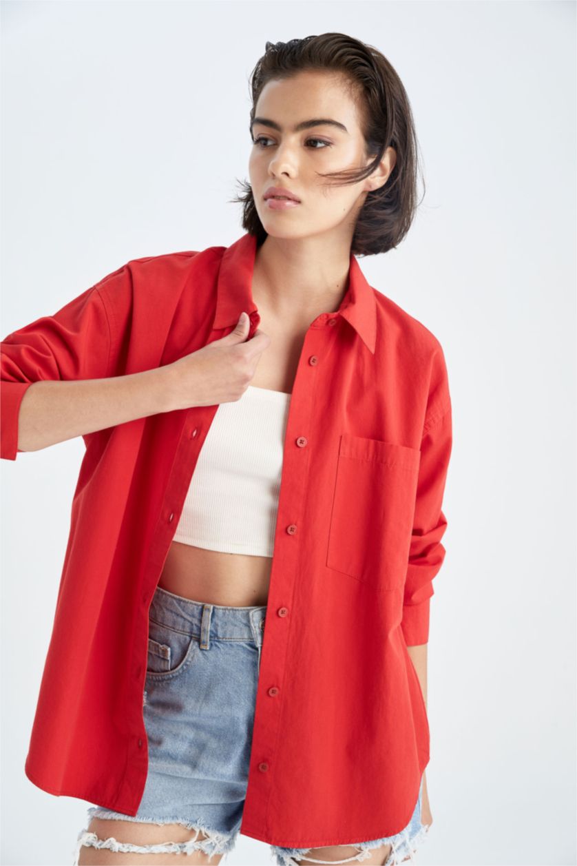 FEMME Rouge Chemises à manches longues Popeline Col De Chemise Une poche