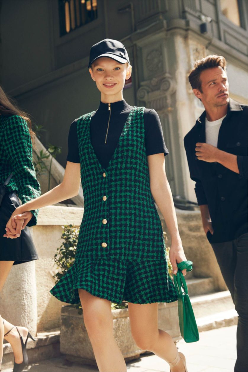 نساء أخضر فستان نص كم قصير تويد سالوبيت بياقة V