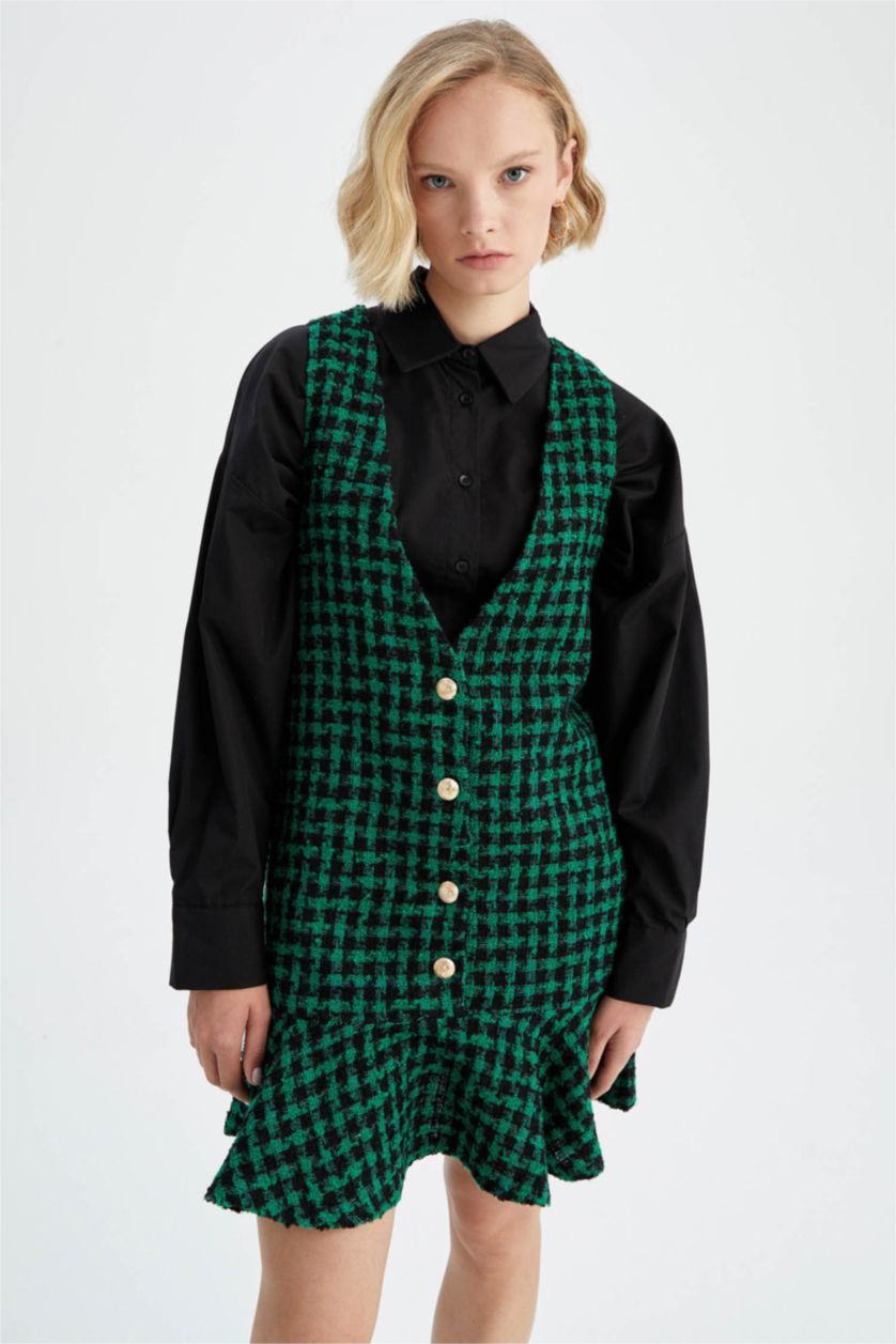 نساء أخضر فستان نص كم قصير تويد سالوبيت بياقة V