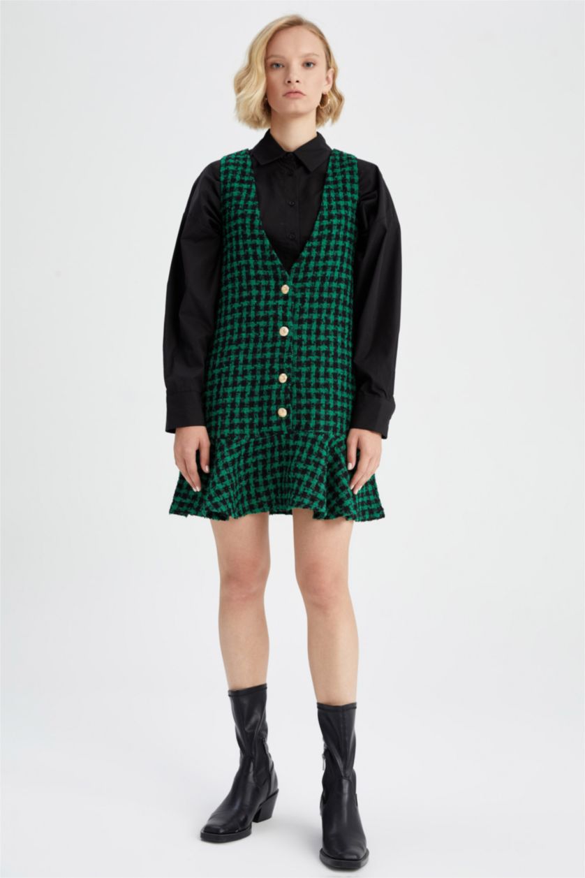 نساء أخضر فستان نص كم قصير تويد سالوبيت بياقة V