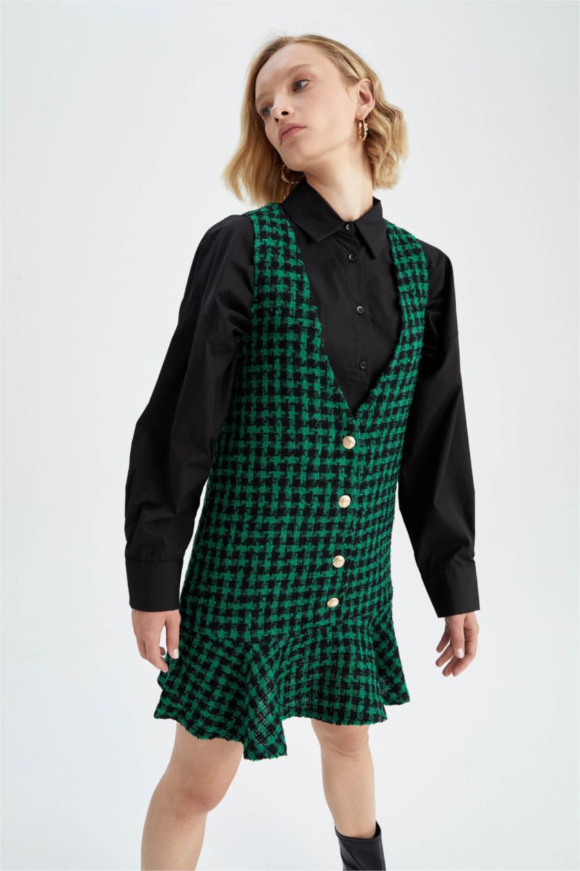 نساء أخضر فستان نص كم قصير تويد سالوبيت بياقة V