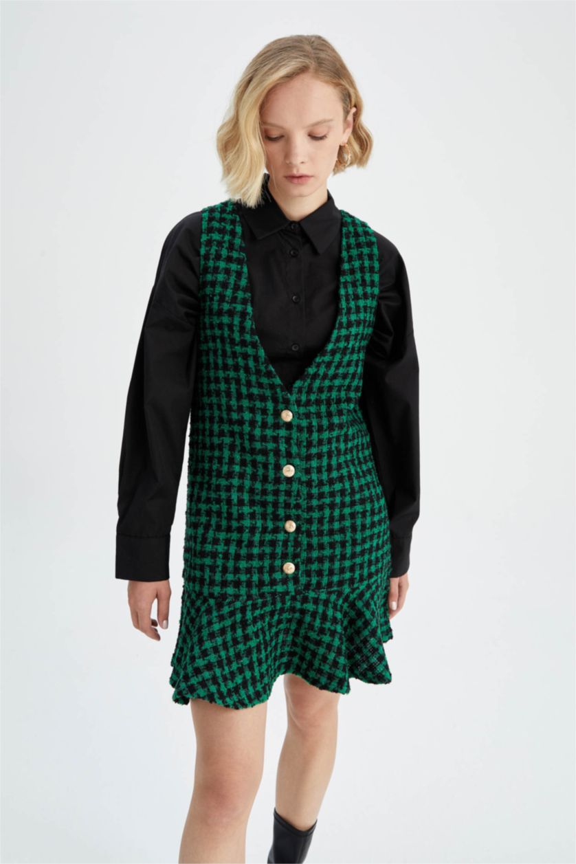 نساء أخضر فستان نص كم قصير تويد سالوبيت بياقة V