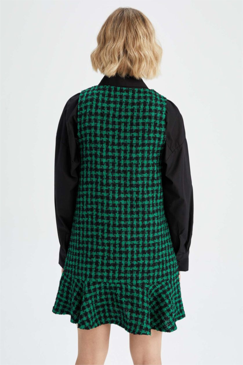 نساء أخضر فستان نص كم قصير تويد سالوبيت بياقة V