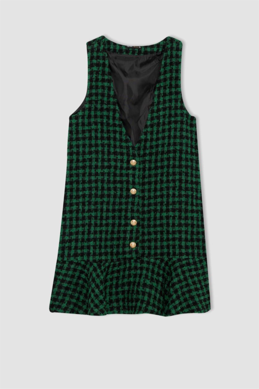 نساء أخضر فستان نص كم قصير تويد سالوبيت بياقة V